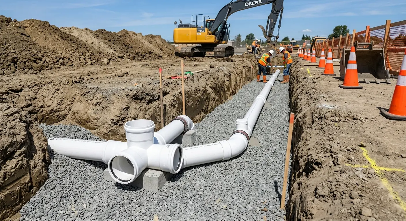 New PVC sewer pipe installation in open trench for Commercial Drain Cleaning in South Brunswick