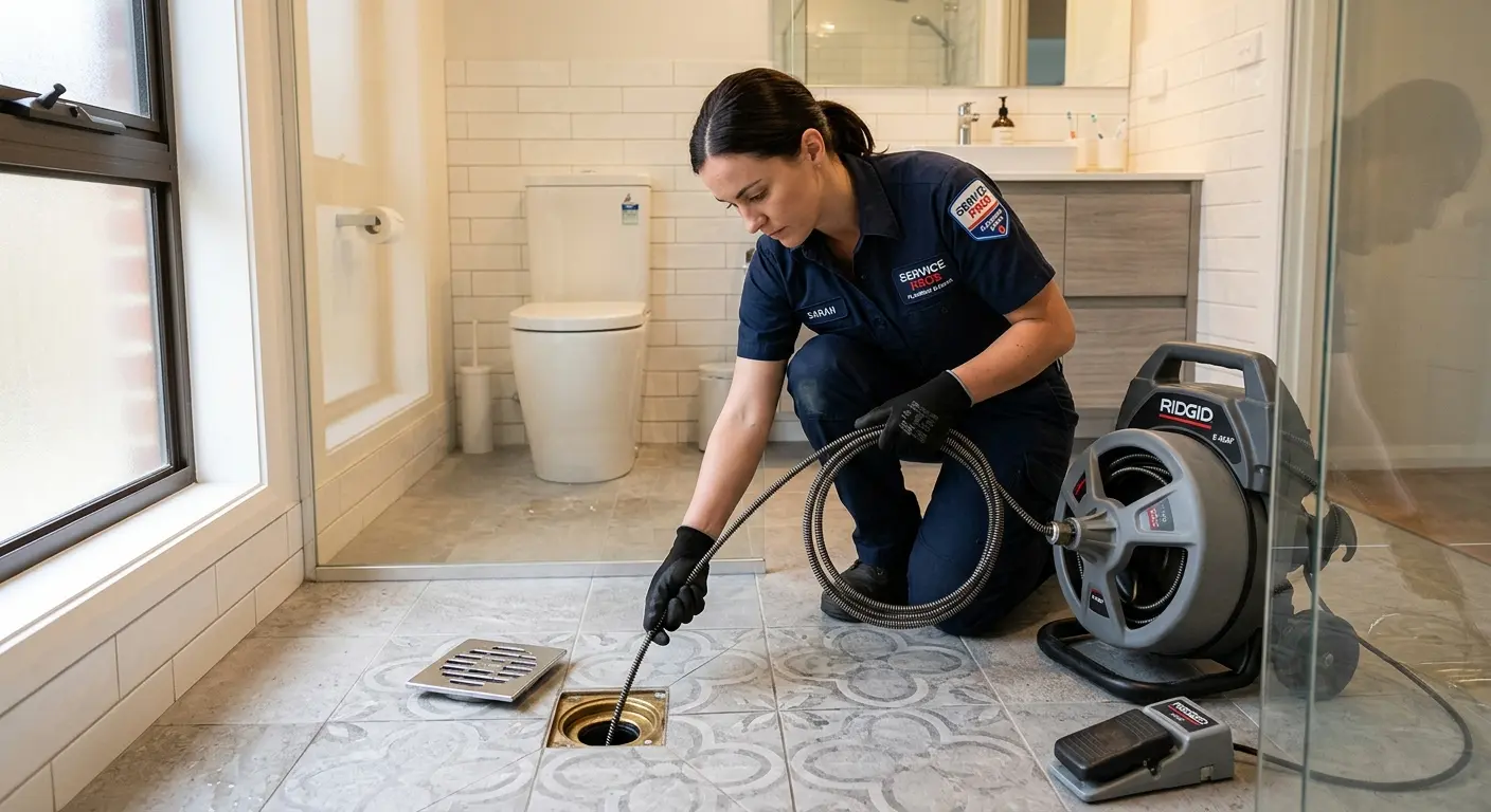 Technician clearing a bathroom floor drain for Hydro Jetting in South Brunswick
